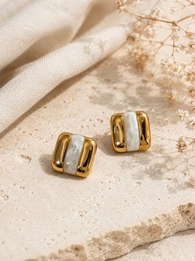 Gold Plated White Resin Chunky Square Statement Earrings